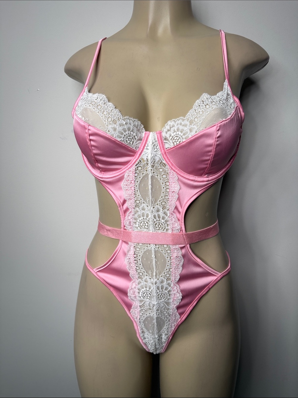 Delicate Pink Satin & White Lace Cutout Bodysuit